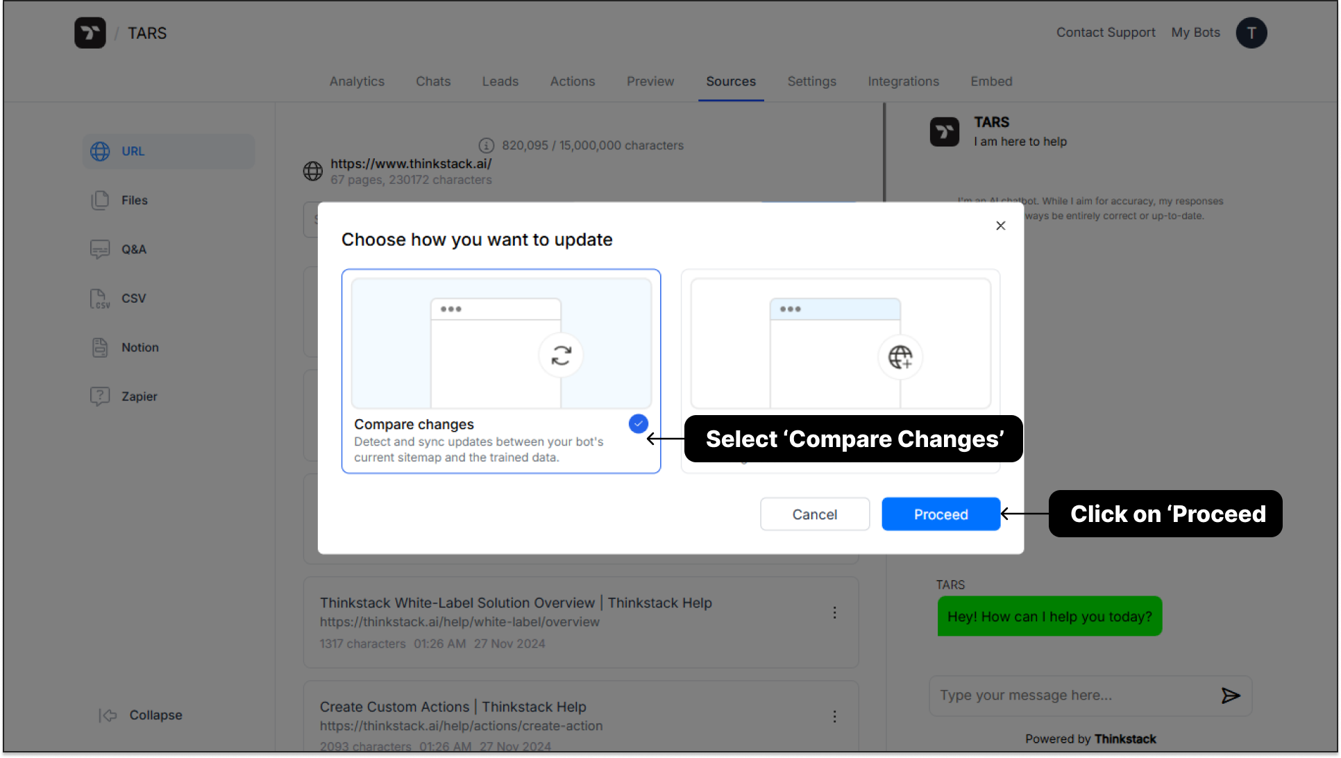 Compare changes option selection