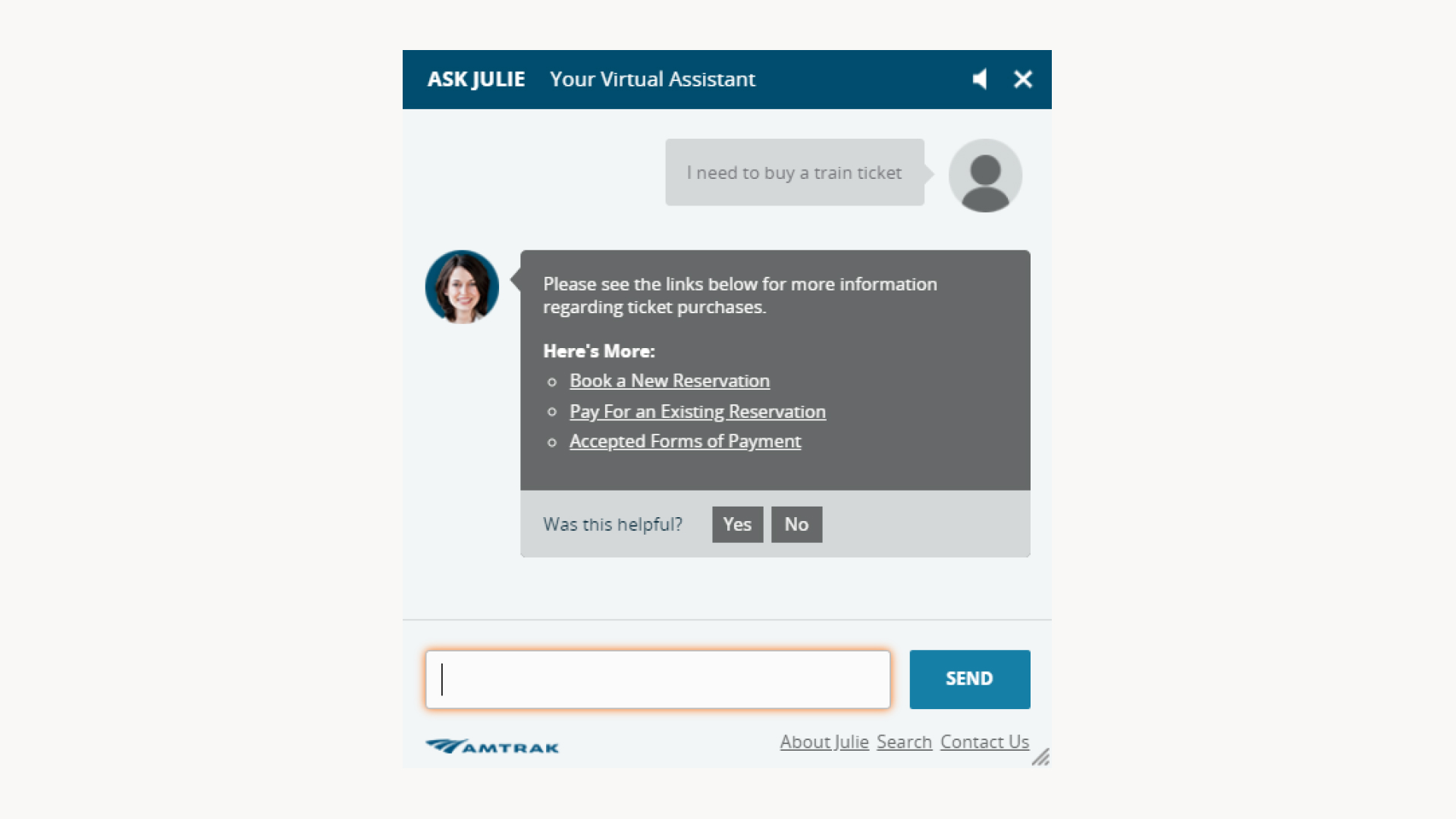 Amtrak's chatbot, Julie, converses with customers.