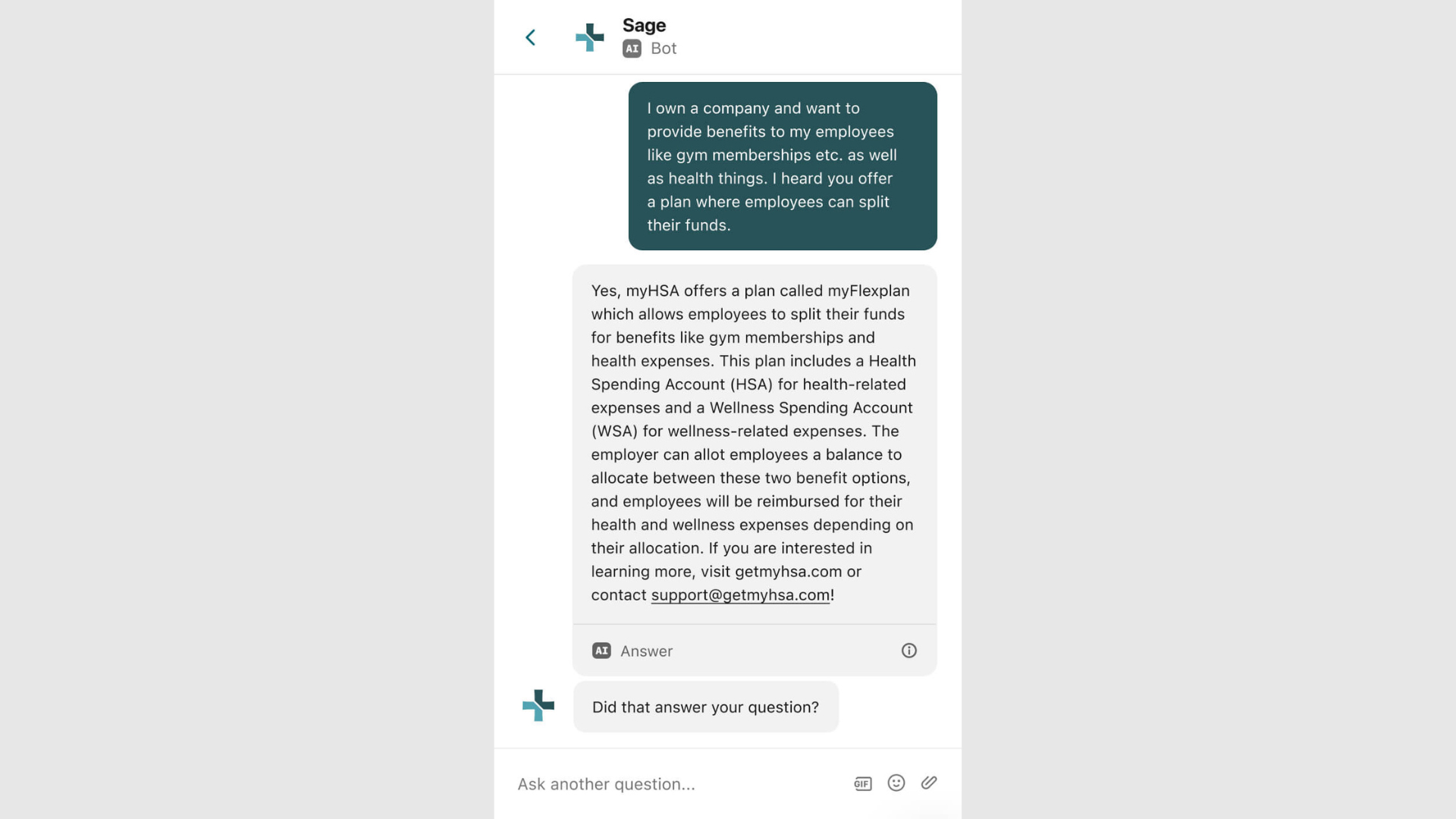 myHSA's chatbot, SAGE, converses with customers.