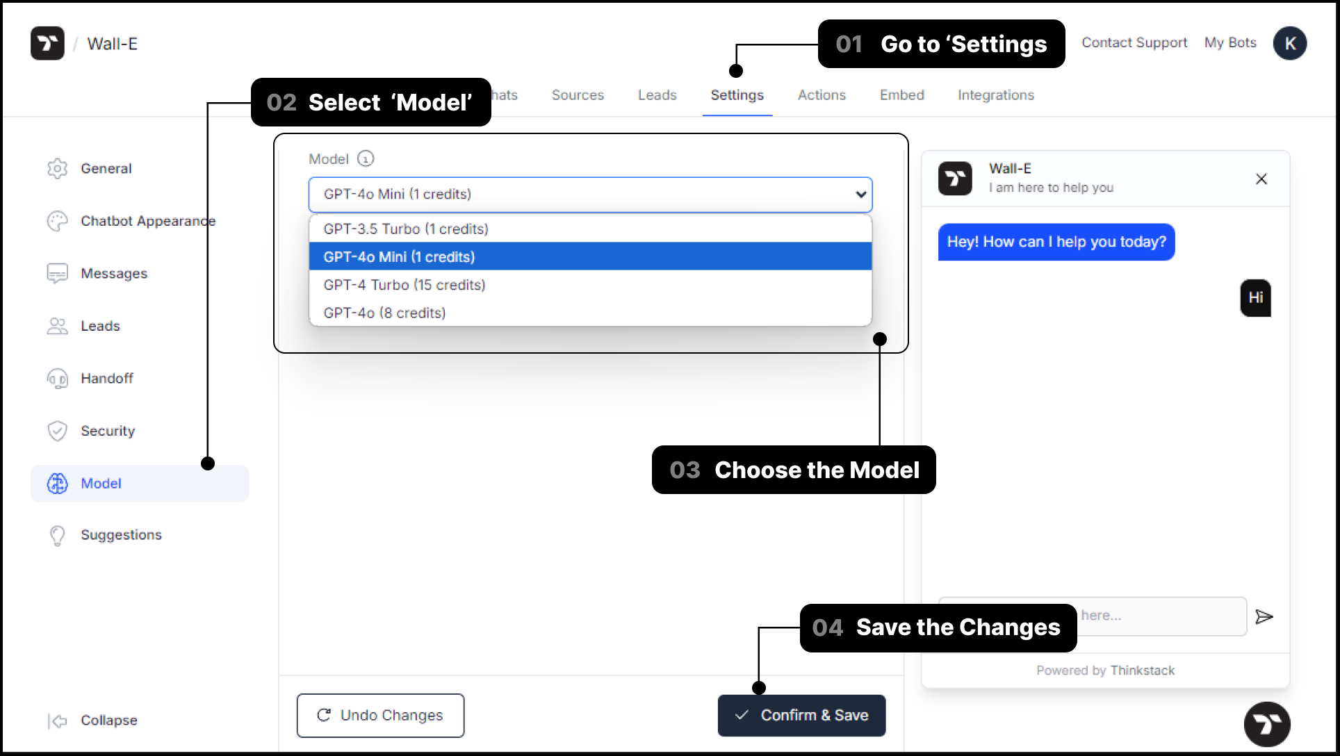 Thinkstack interface showing options for creating a free AI chatbot with GPT models for better language understanding.