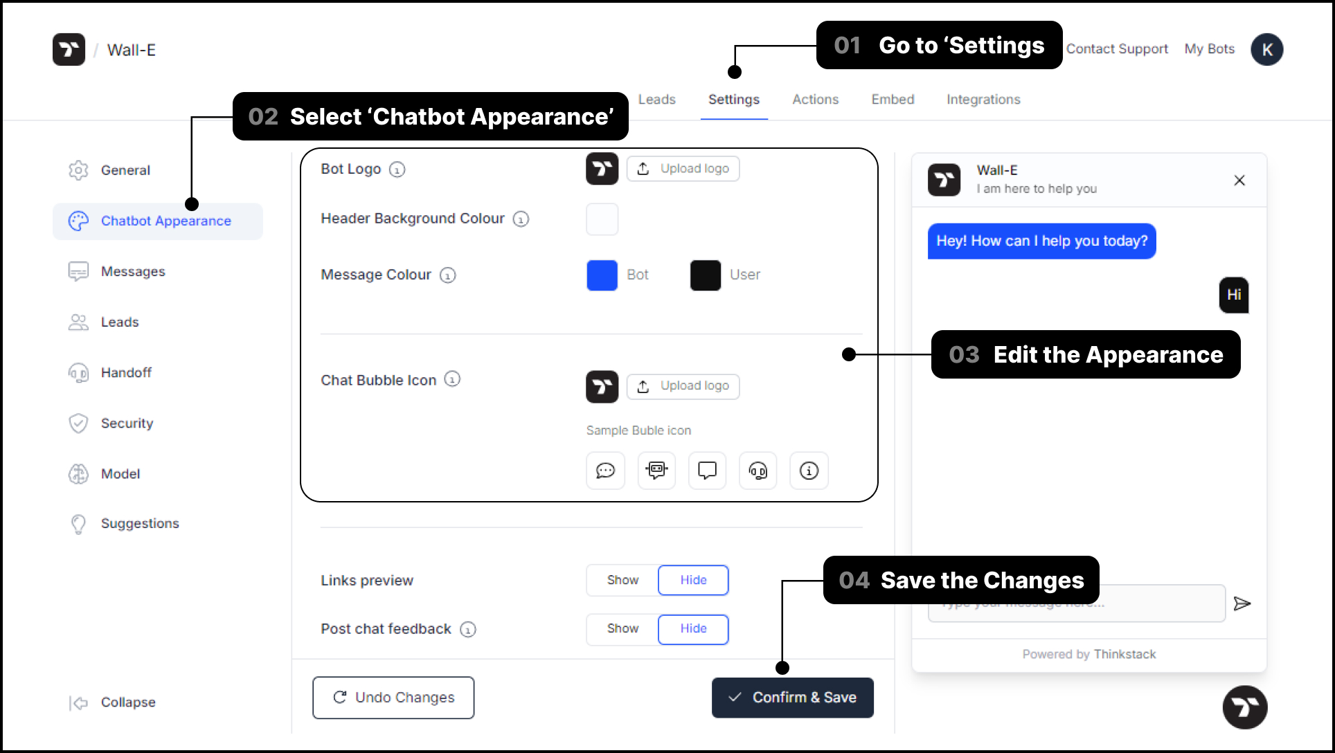 Thinkstack interface allows customization of your bot's appearance to match your brand.