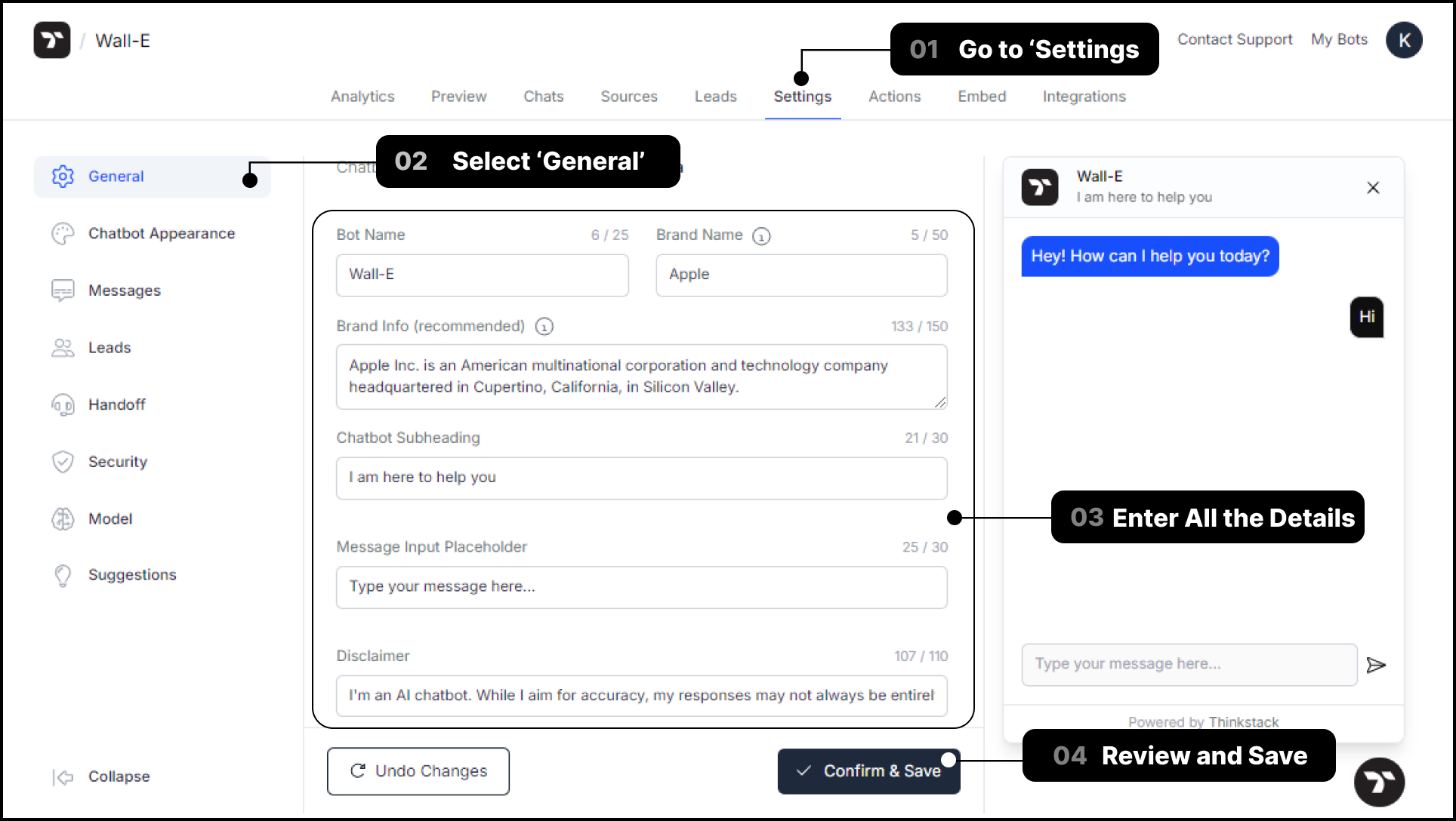 Thinkstack interface for customizing chatbot details to resonate with your brand persona and identity.