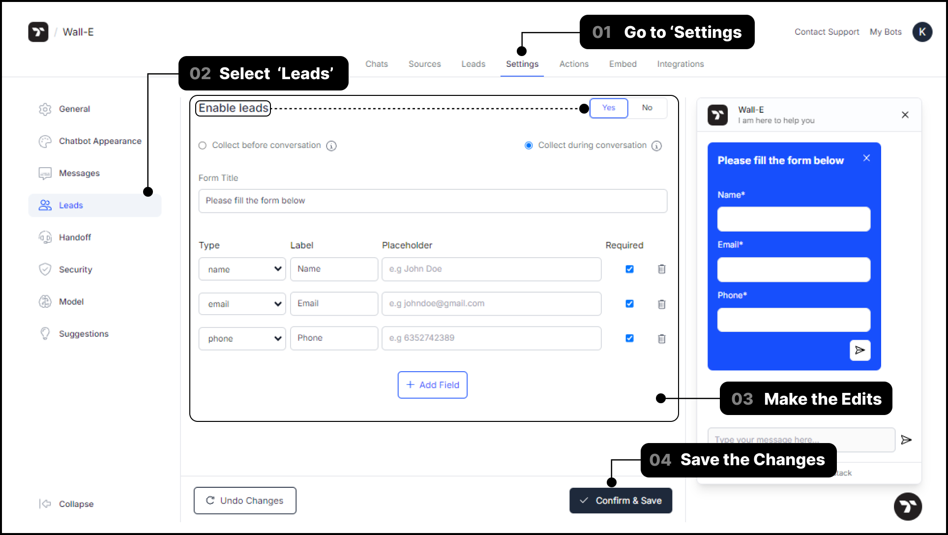 Thinkstack interface enables lead gen customization for chatbots, allowing creative data collection beyond traditional fields.