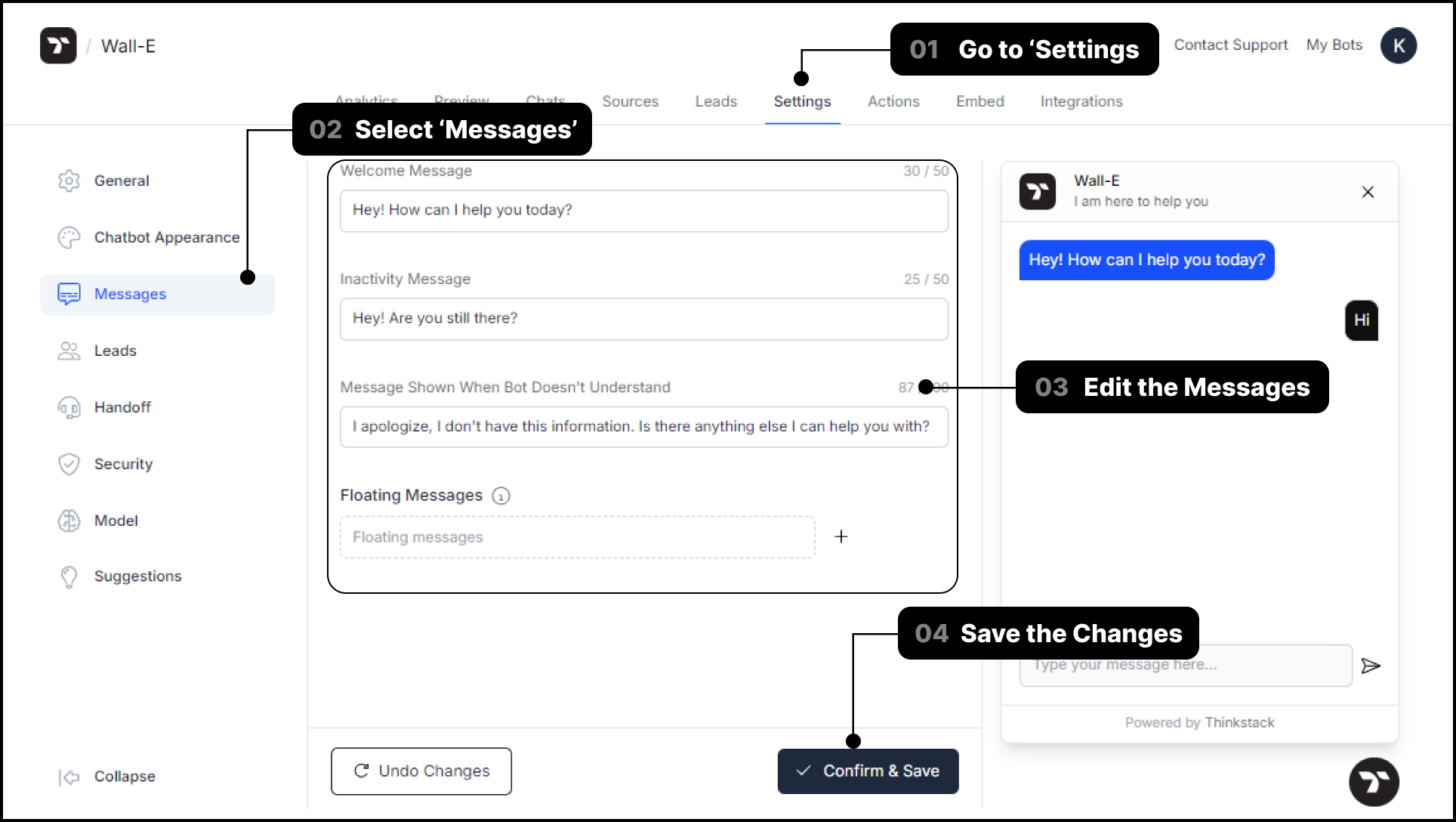 Thinkstack interface for customizing chatbot messages to enhance user interaction.