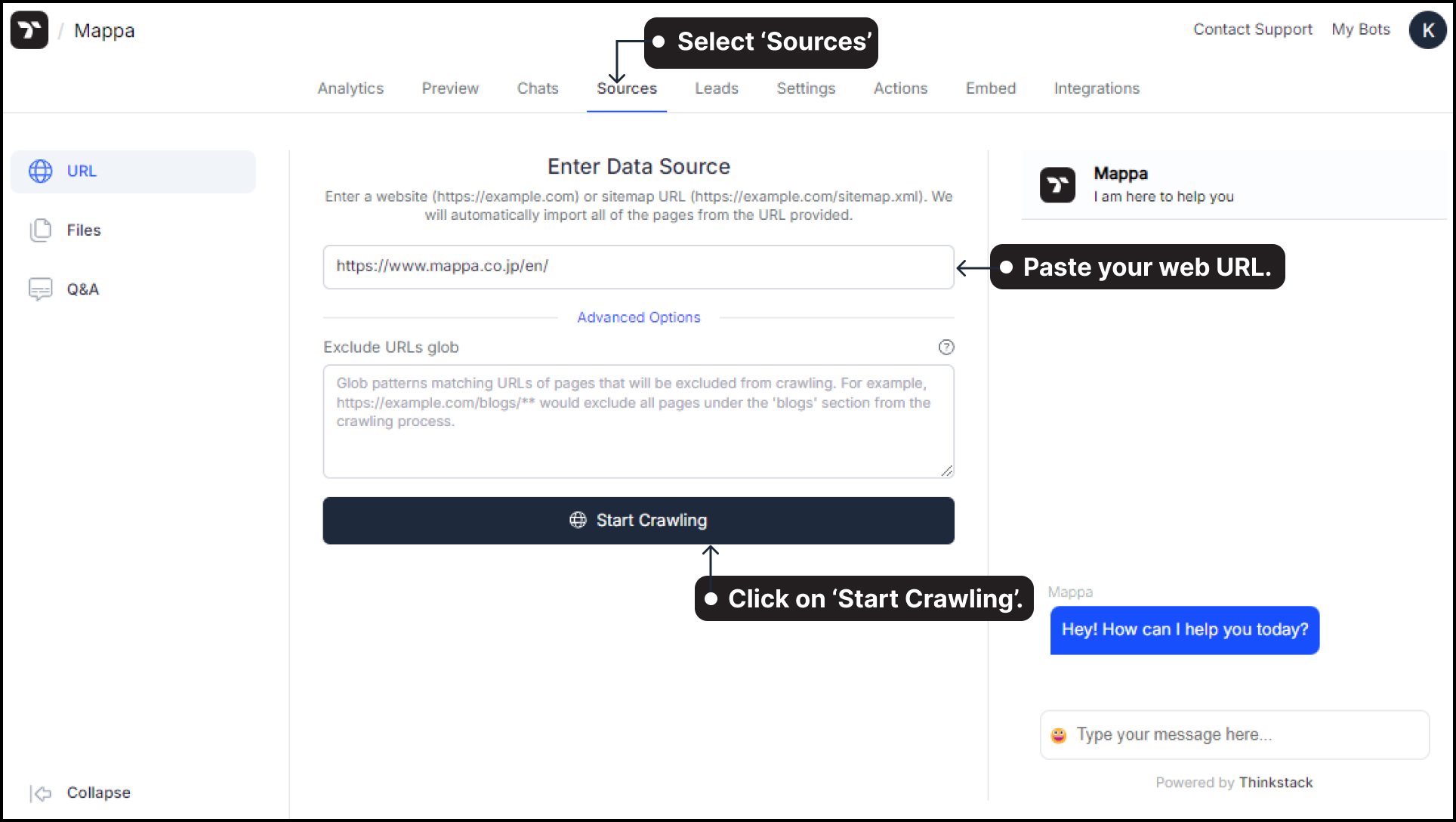 Thinkstack interface showing options to create a free AI chatbot trained on custom data like URLs, PDFs, and APIs.