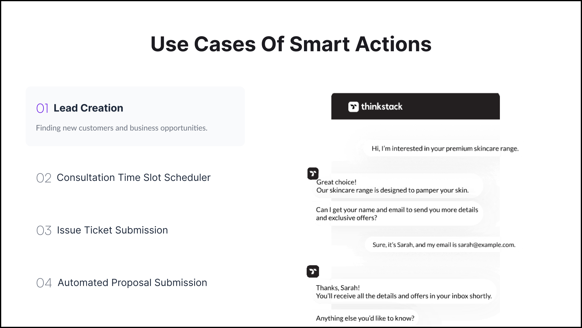 Thinkstack's Actions feature for automating tasks and creating engaging interactive forms with your AI chatbot.