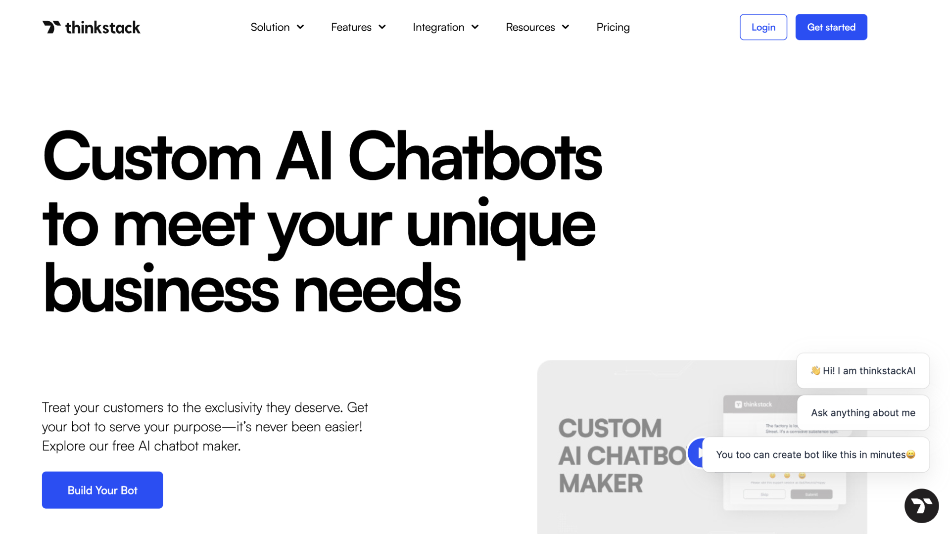 Thinkstack.ai's website homepage, tailoring custom chatbot solutions for Singaporean SMEs.