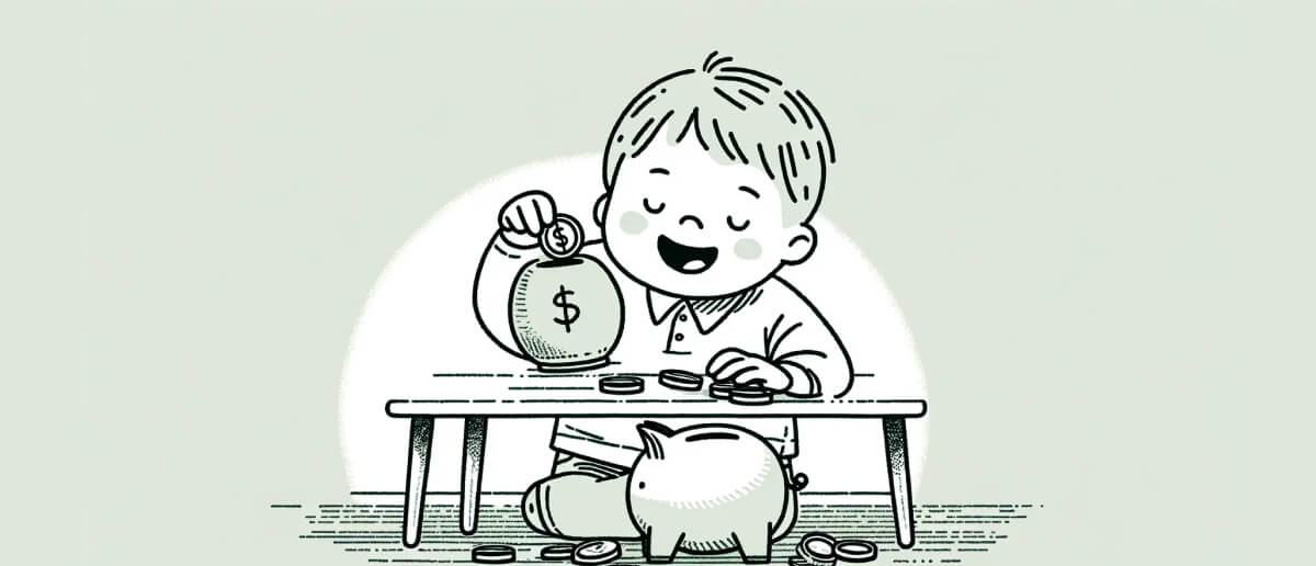 A boy placing a coin into a piggy bank against the backdrop of a sunrise, symbolizing innovation in banking with conversational banking.