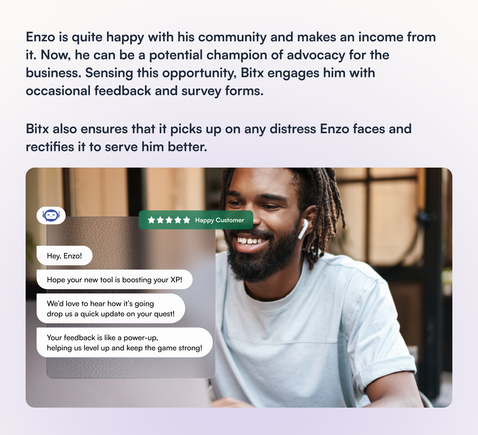 Conversational marketing chatbot Bitx assists customer Enzo in the Advocacy stage of his buying journey