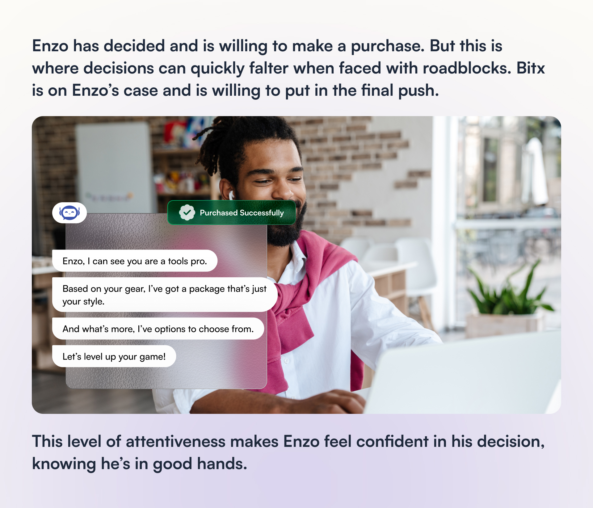 Conversational marketing chatbot Bitx assists customer Enzo in the Purchase stage of his buying journey