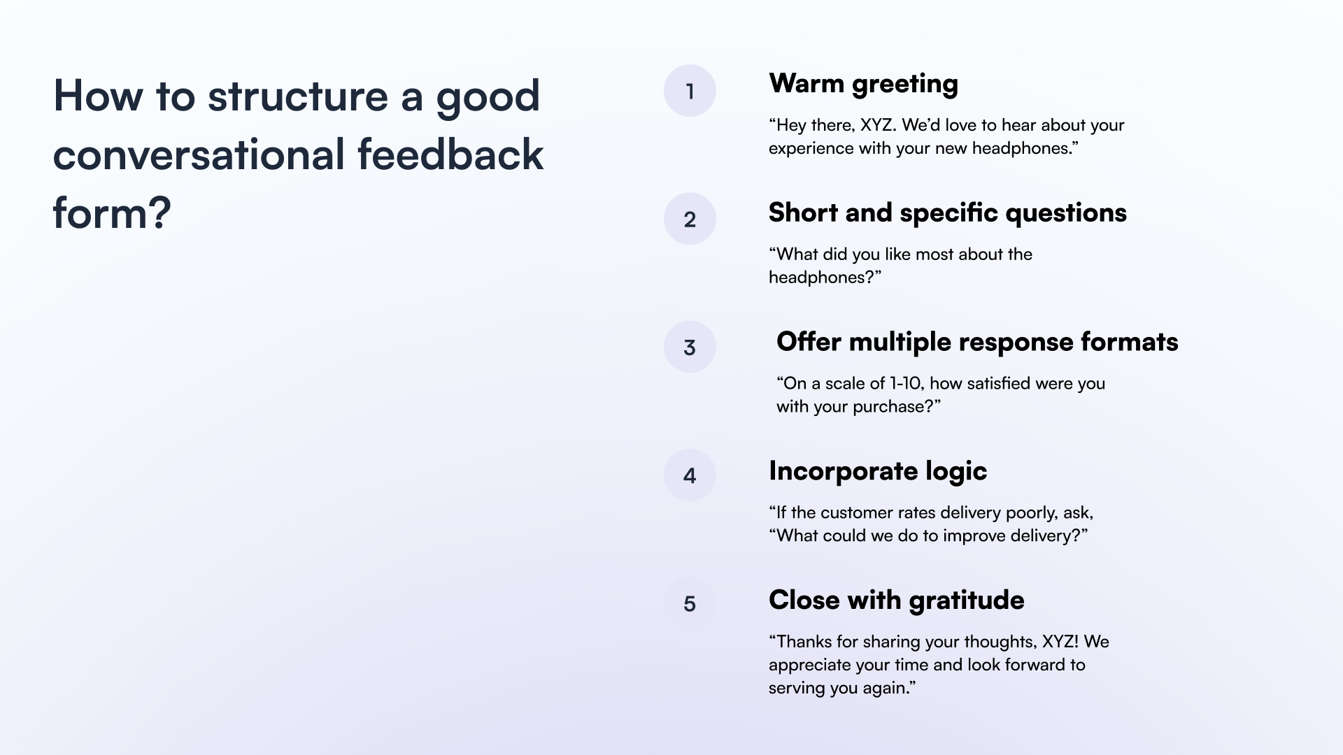 The image talks about the 5 steps to structure a good conversational feedback form