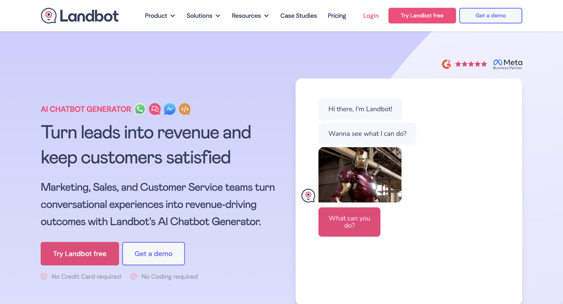 Landbot's website homepage, developing chatbots for UAE businesses.