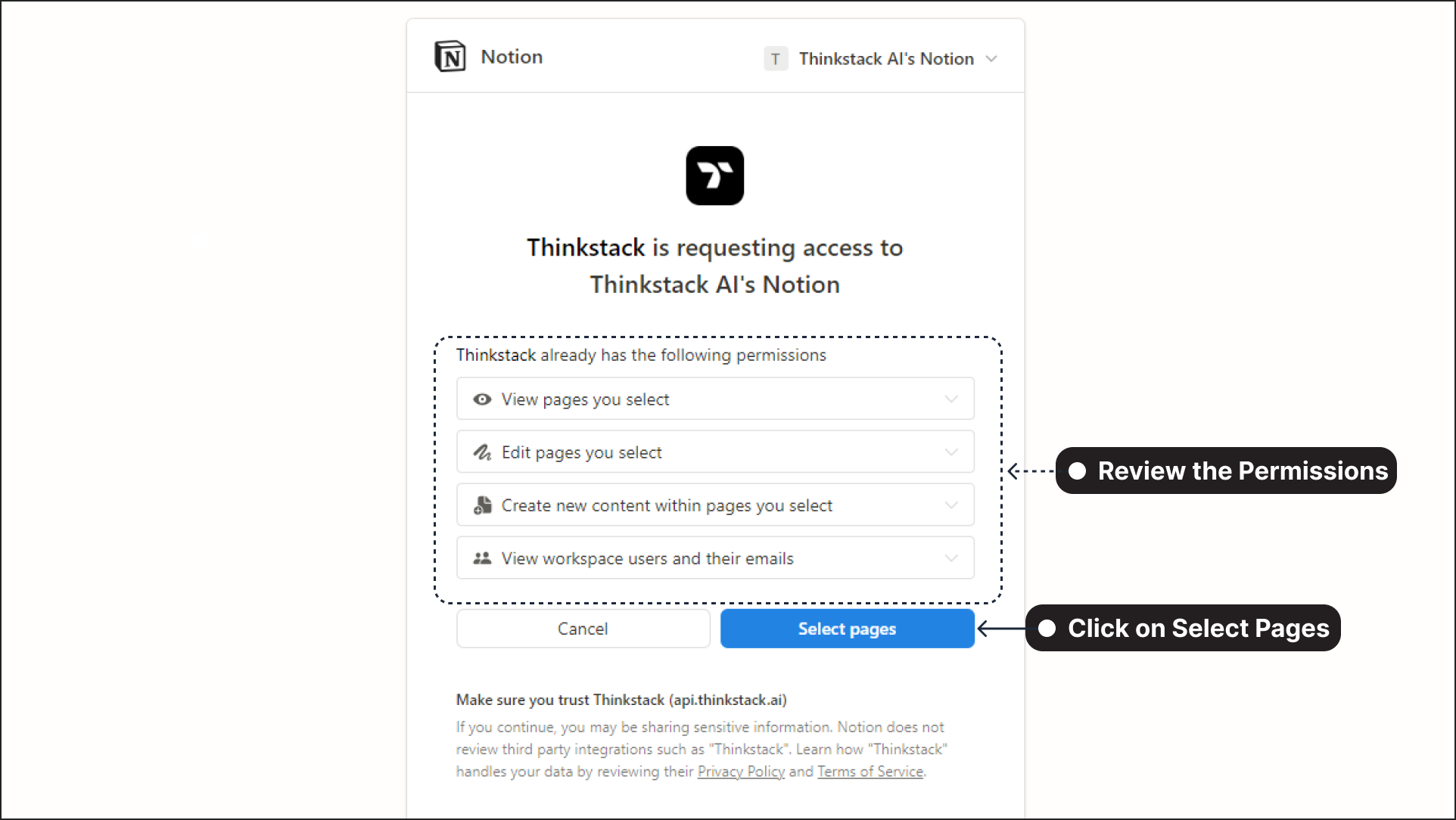 Review the permissions and Authorize Notion Pages