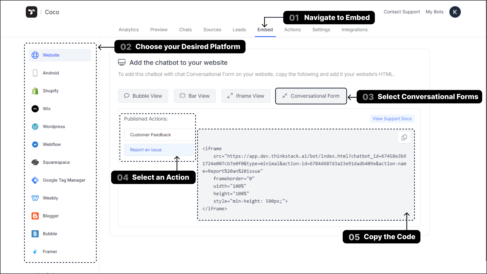 Get the code for the conversational forms from the embed section