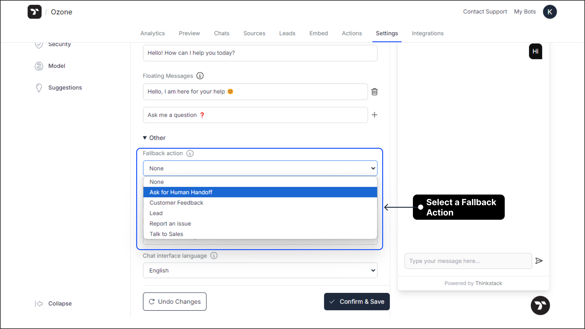 Select a fallback action from the drop-down menu