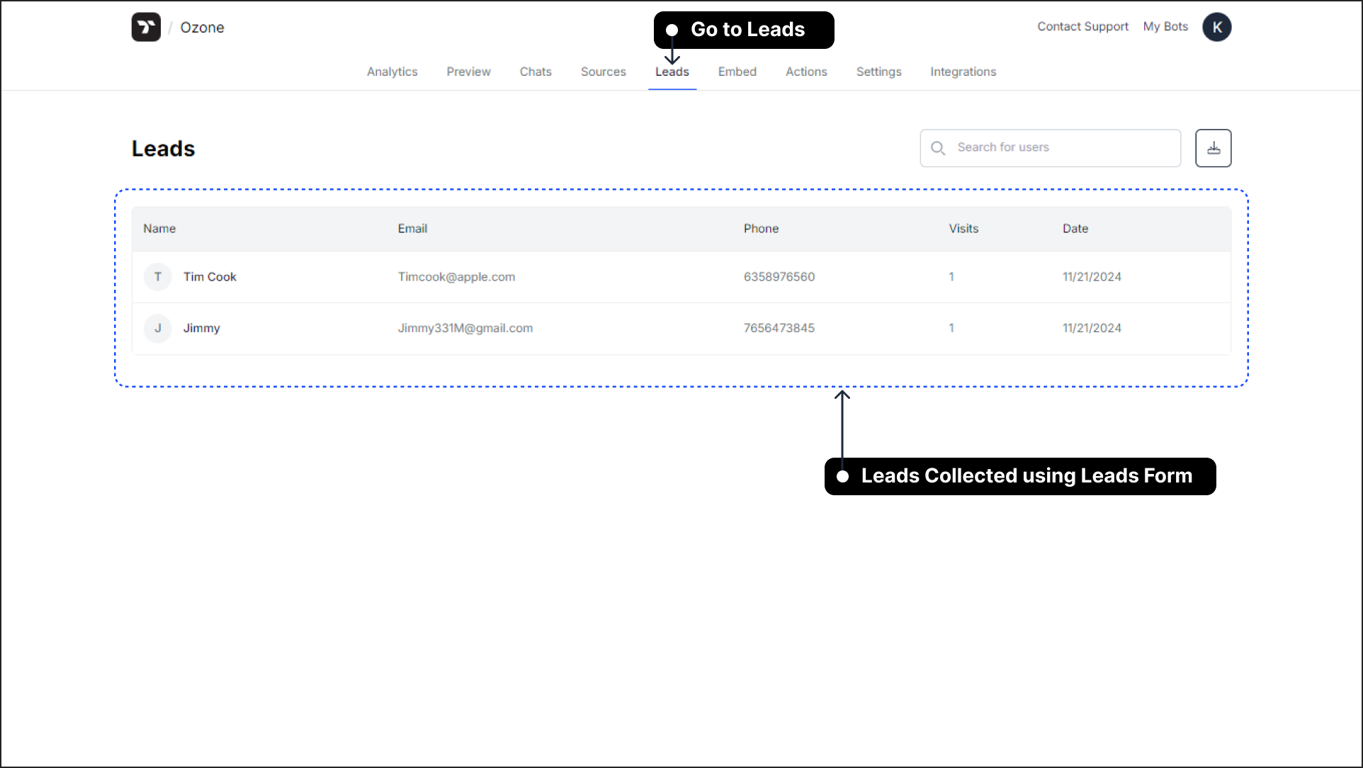 View the leads data collected using the leads form