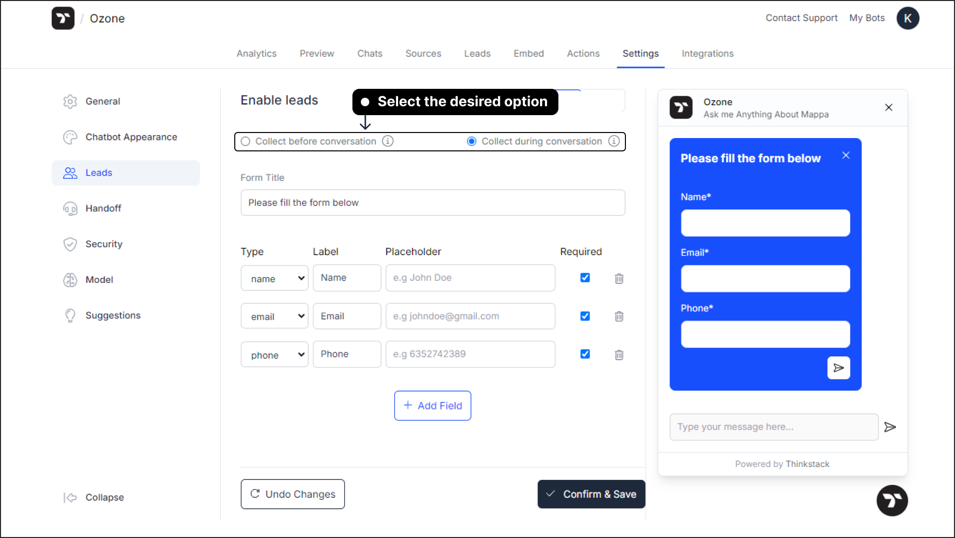 Select when you want to display the lead forms in the chat