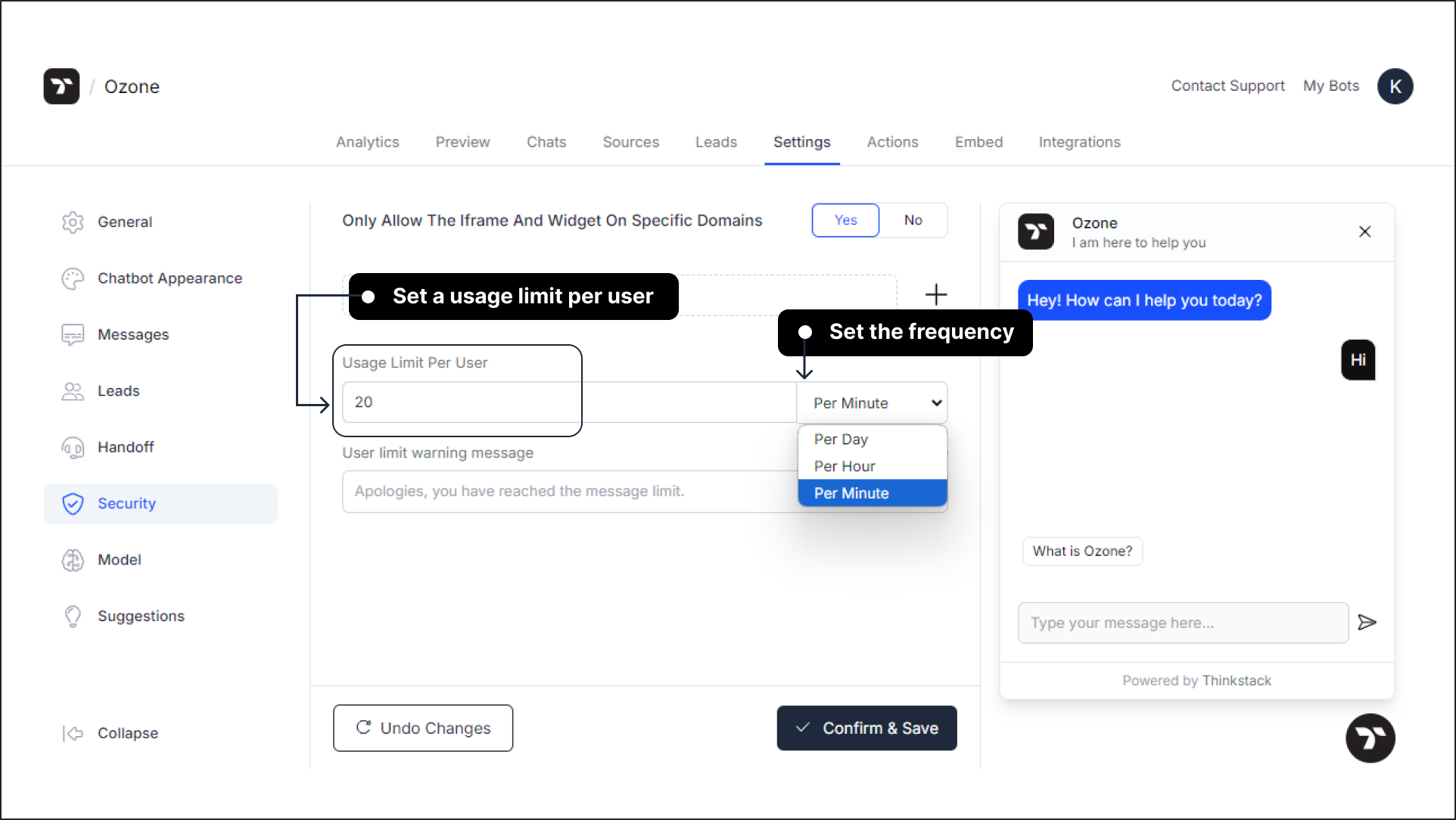 Set the usage limit/user and frequency