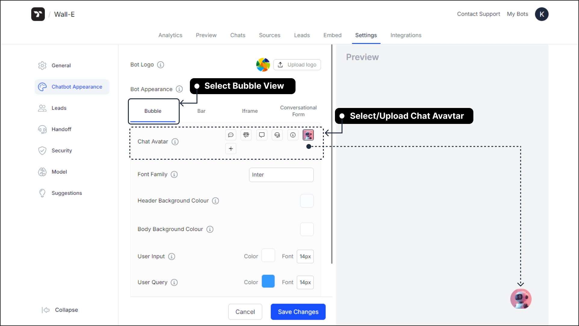 Select Chat bubble view and Upload the chatbot avatar