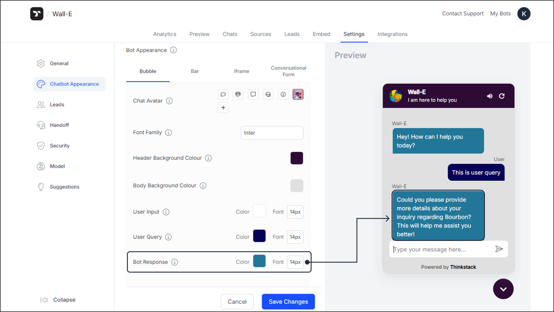 Choose a  color for chatbot response field